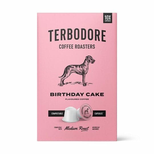 Birthday Cake Coffee capsules box - front view - Terbodore Coffee