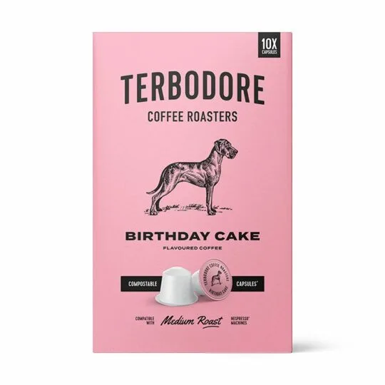 Birthday Cake Coffee capsules box - front view - Terbodore Coffee